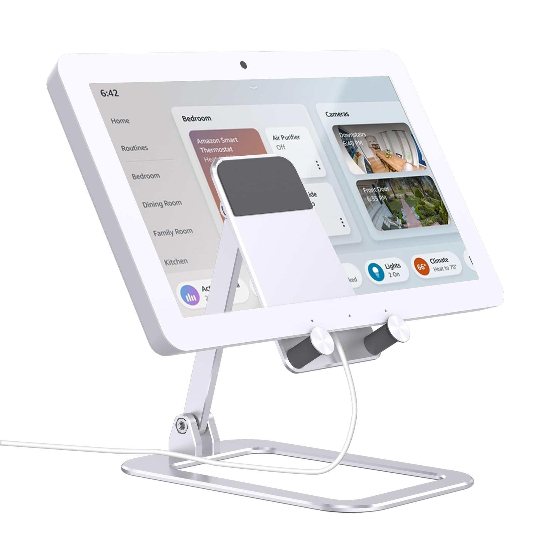 Letrar Portable Aluminum Stand for Echo - With Foldable Adjustable Holder, Compatible Up to 13 Inch Devices, includes Anti-Slip Pads (Silver)