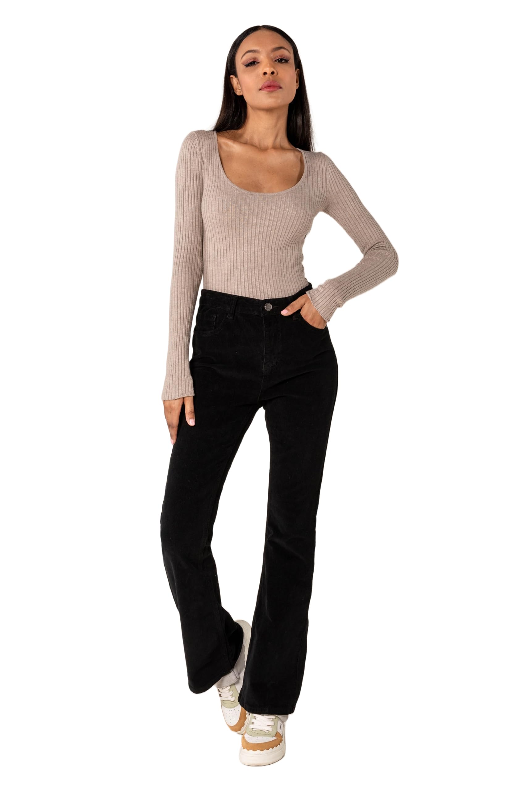 Nina Carter J221 - Pantaloni da donna a vita alta, in velluto a coste, stile vintage
