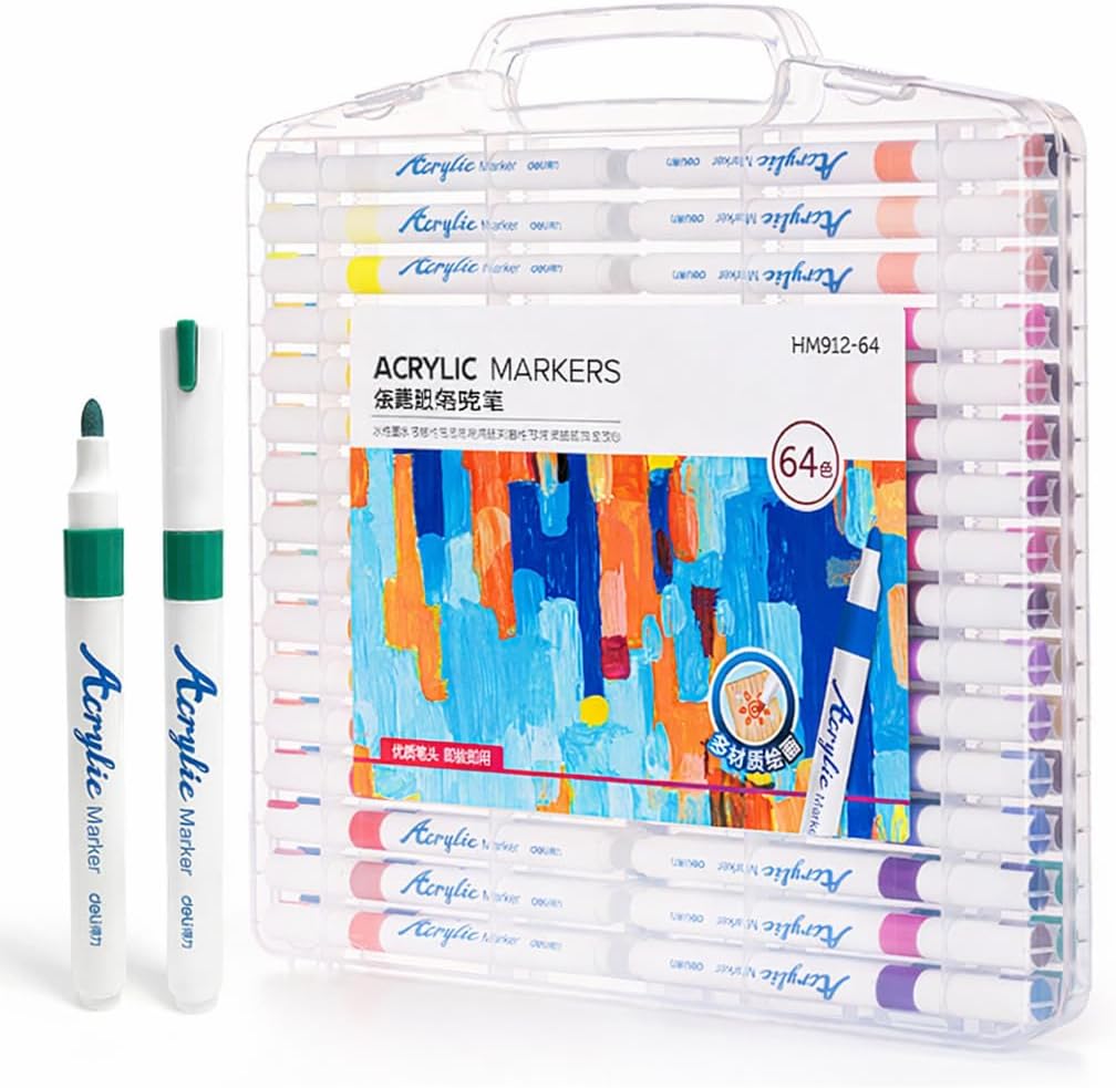 deli Acrylic Paint Markers 64 Colors – Professional Water-Based Art Markers for Wood, Canvas, Plastic, Metal & Craft Projects