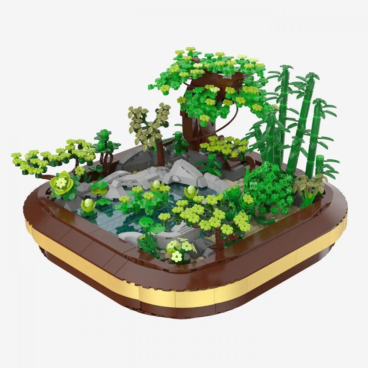 BlueBrixx Kasansui Zen Garten 1477 klocki zaciskowe, model wyświetlacza | Staw z liliami wodnymi, drzewem i bambusem, mostem i kamienną ścieżką, 286 x 282 x 178 mm, od 14 lat, 109192