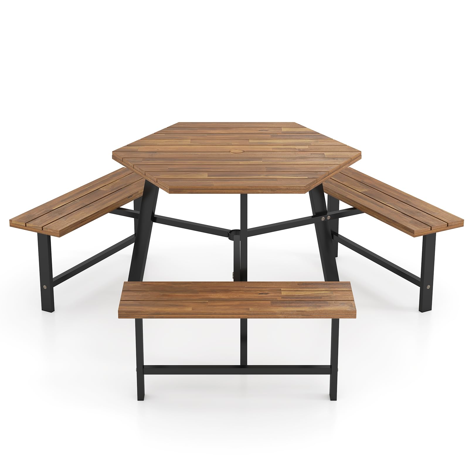GIANTEX Tavolo da Picnic per 6 Persone, Tavolo da Giardino in Legno di Acacia con Foro per Ombrellone e 3 Panche Integrate, Set da Pranzo Resistente alle Intemperie per Terrazza, Cortile, Giardino