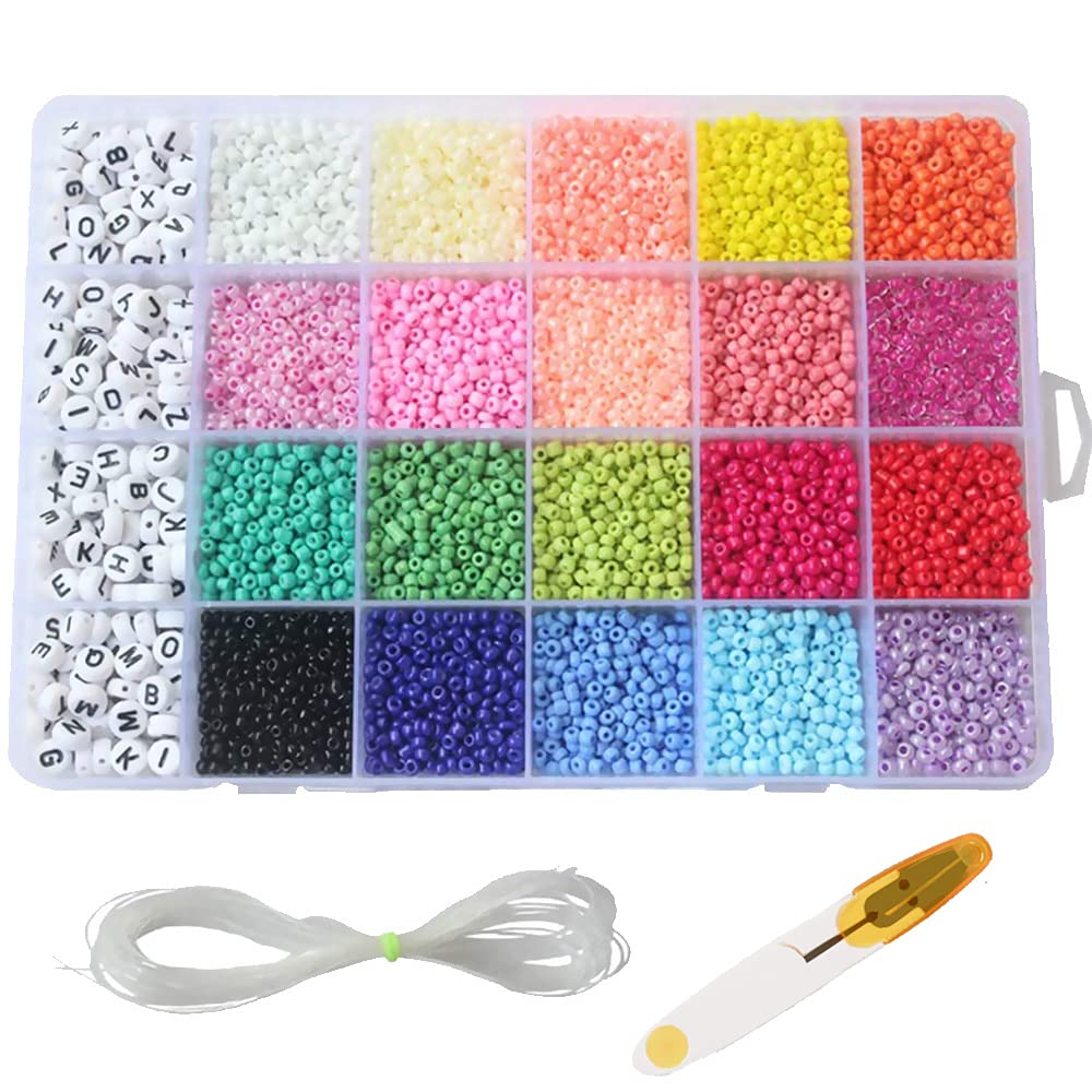 KASTWAVE Seed Beads Set, 3300 Alphabet Beads and Pony Beads 24 Grid Craft Beads with String Mini Seed Beads Set for Jewelry Making Bracelet Beads Find DIY Crafts (4mm)