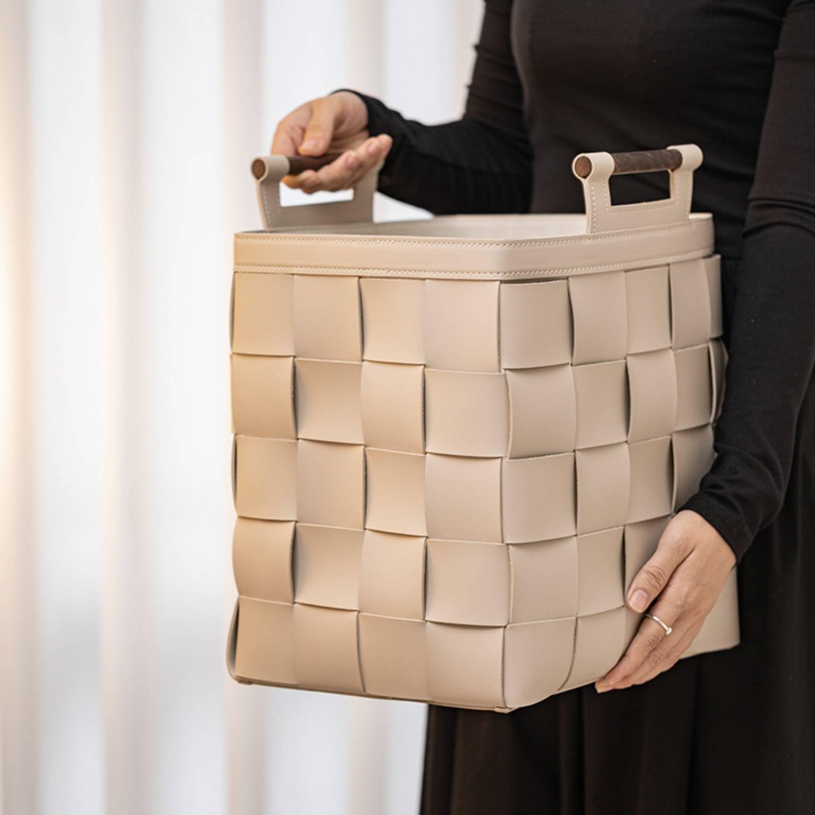 Cesta de Almacenamiento Tejida a Mano Cesta Caja Contenedor Organizador en Piel Sintética con Mango de para Transporte Fácil Adecuada para Dormitorio Sala de Estar, Gris