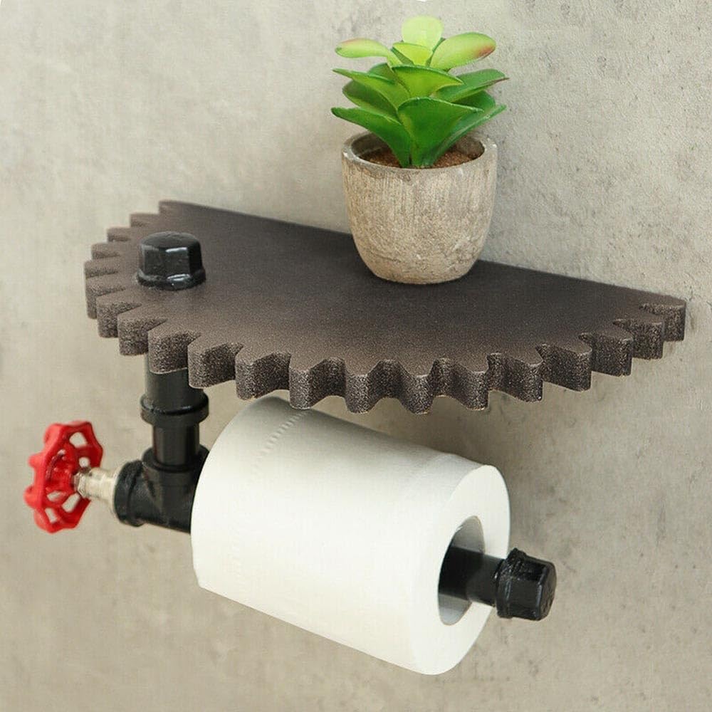 Estante de pared circular industrial rústico con soporte de tubería y función de engranaje de madera para organización de papel higiénico y toallas (B)