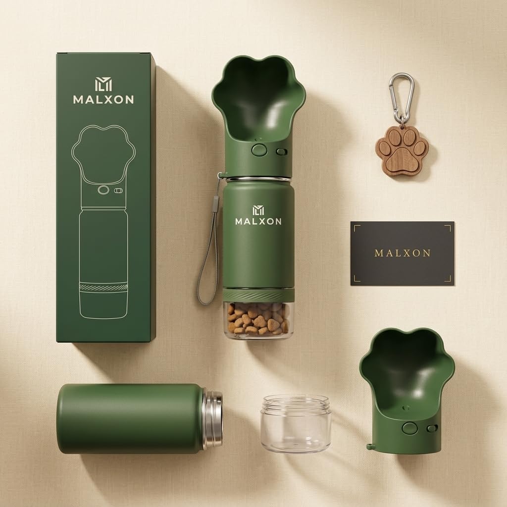 3-in-1 Trinkflasche Hunde für unterwegs – Wasserflasche mit Futterbehälter & Trinknapf – 300ml – Auslaufsicher – BPA-frei – Hunde & Katzen – inkl. Geschenk