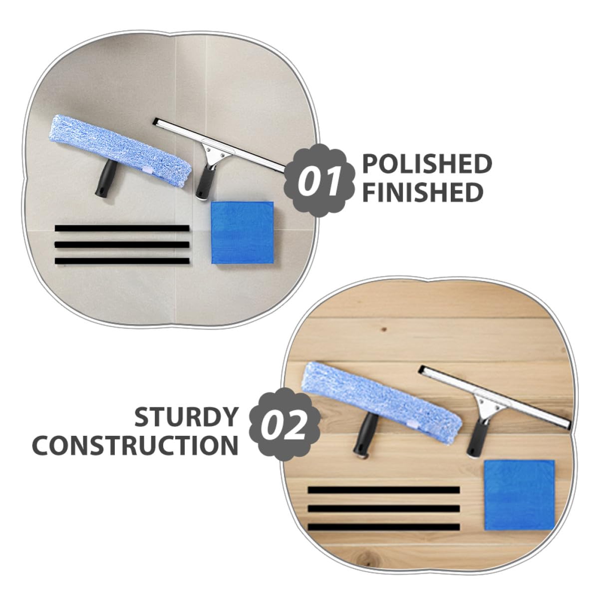 Kit Limpiador de Ventanas Multiuso Escobilla de Goma Negra, Soporte T Negro Cabezal de Microfibra Estrellado, Paño Azul 30x30 Cm y 3 Tiras de Goma 35 Cm para Hogar, Baño y Coche