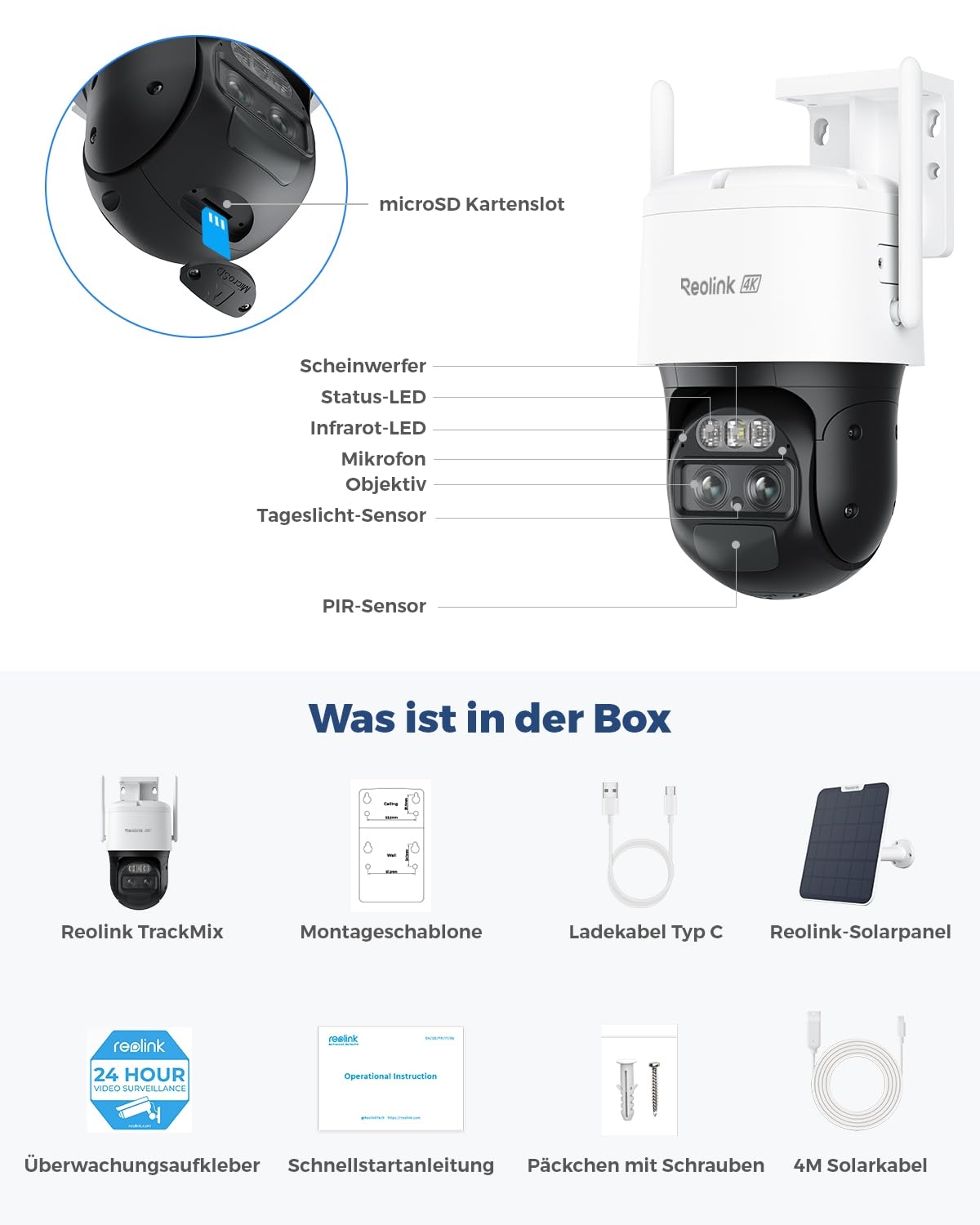 Reolink 4K PTZ Überwachungskamera Aussen Akku mit Auto-Tracking & Auto-Zoom, Dual Lens, 8MP Solar WLAN Kamera Outdoor, 2,4/5GHz WiFi, 30m Farbnachtsicht, KI-Erkennung, 360° View, TrackMix+Solarpanel