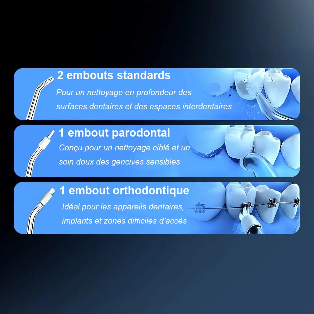 Oryzom-s Hydropulseur sans fil pour un soin dentaire & buccal optimal / 5 modes & 4 embouts/Réservoir de 300 ml/Étanchéité IPX7 / Jet dentaire pour gencives hydropulseur (Blanc)