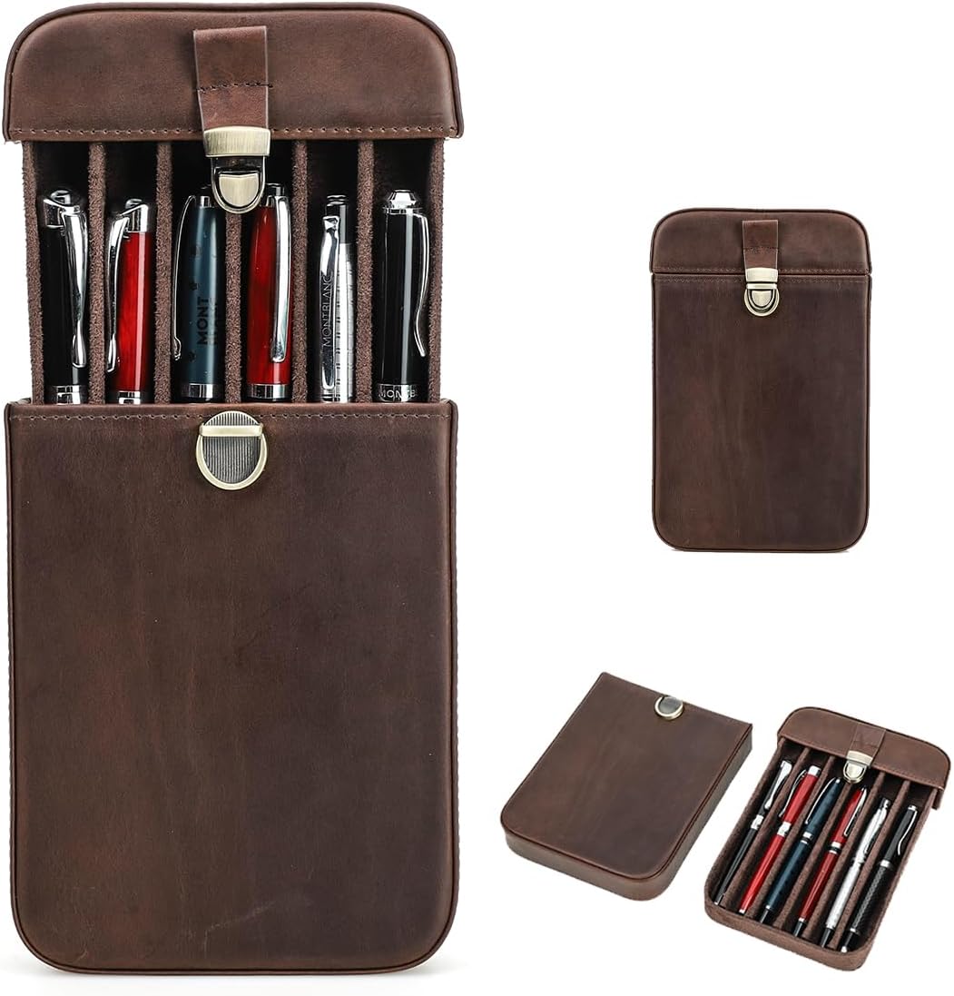 CONTACTS Full Grain Leather 6 Slot Pen Case Fountain Pens Holder Travel Pencil Case by Handmade Vintage Tray Design with Push Lock