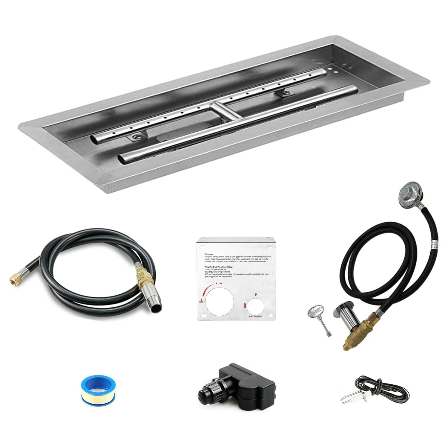 BBQMANN 30x10 inch Drop-in Firepit Burner Kit, Stainlesss Steel Firepit Insert H Burner with Spark Ignition kit, Propane or Gas Version, 125000 BTU, Indoor or Outdoor DIY Fireplace