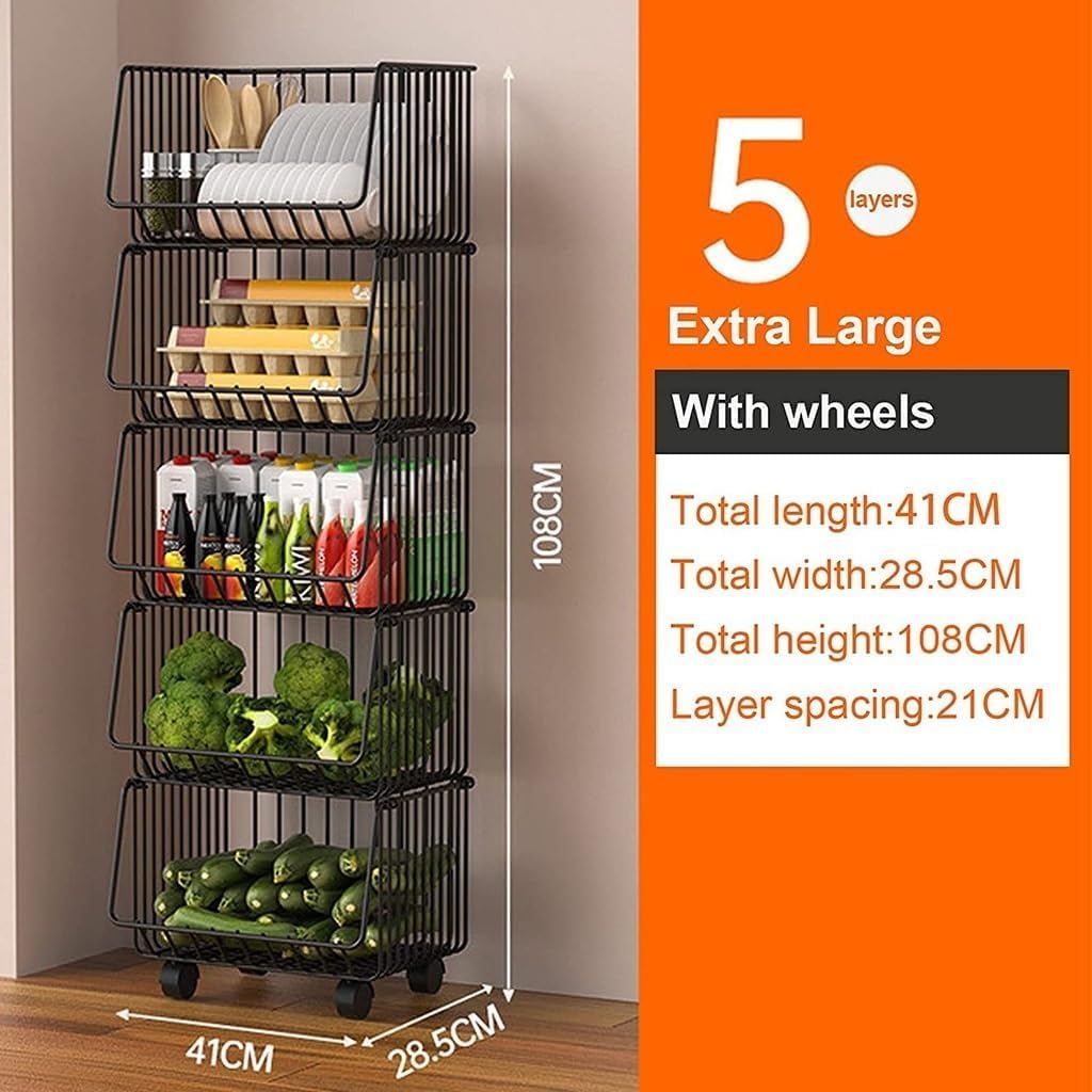 Carrito de almacenamiento de verduras de cocina, estante de frutas apilable de 5 niveles con ruedas, estante de utilidad resistente para cebollas y patatas, organizador multifuncional