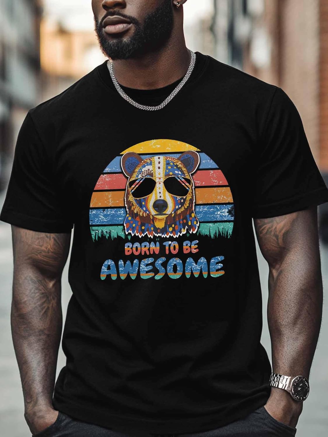 Men's Graphic T-Shirts, Letters Bear Gradient Stripes Tees Crewneck Short Sleeve Tops Summer Gym Casual Streetwear - Image 4