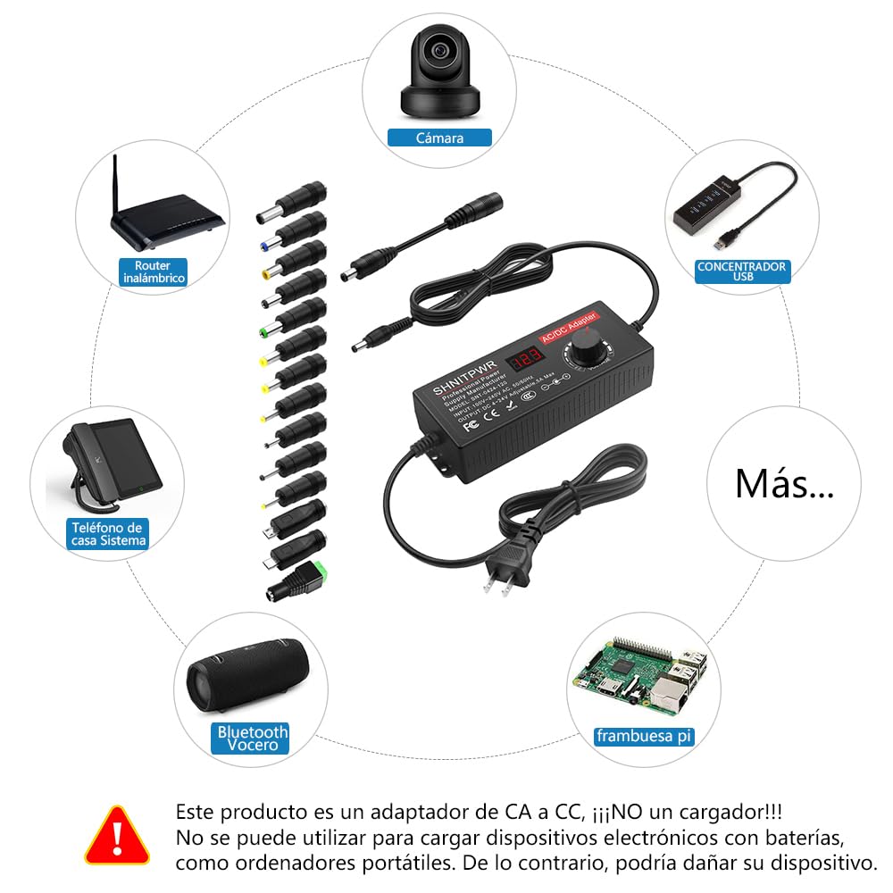 SHNITPWR Alimentatore universale da 3,5V ~ 24V, 120W, 5A, AC/DC, con 14 connettori adattatori, per dispositivi elettronici da 3,5 V a 24V, cornice per fotocamera per baby monitor e strisce LED, ecc.
