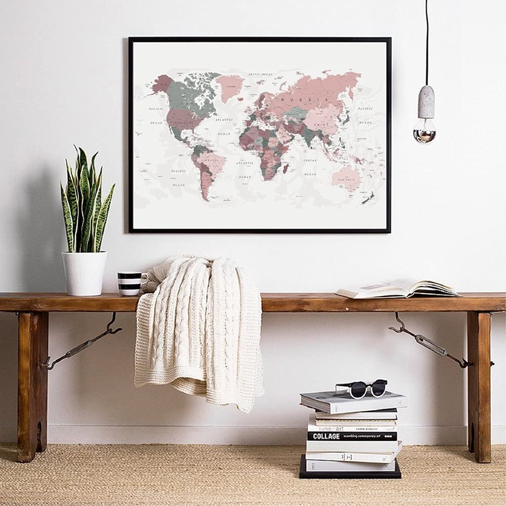 Five-Seller Mapa świata obraz na płótnie różowy i myśliwy zielona mapa plakaty i nadruki sztuka ścienna nowoczesny obraz do dekoracji salonu (1,90 x 140 cm (nieoprawiony)