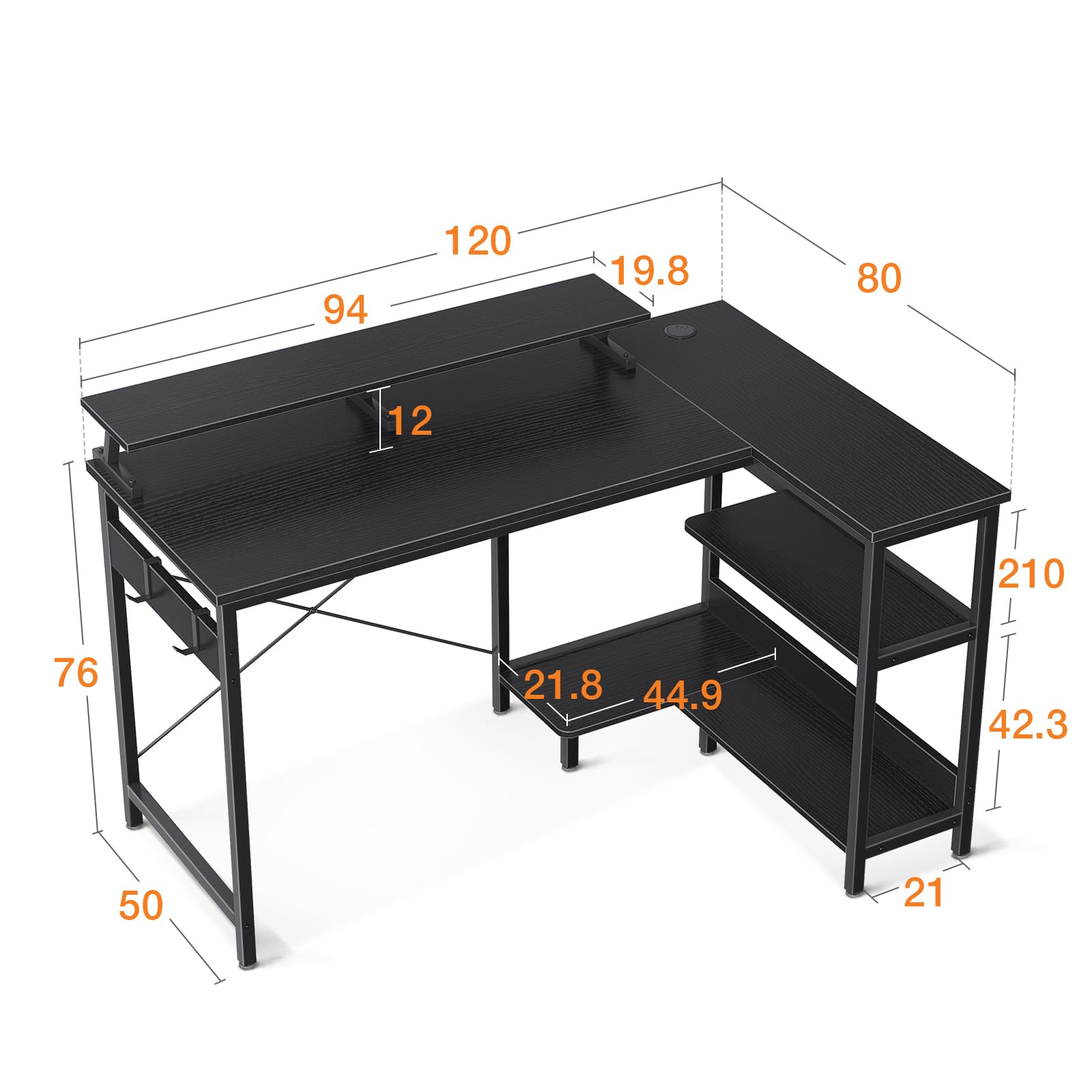 ODK L-vormig bureau, hoekbureau met plank, omkeerbaar