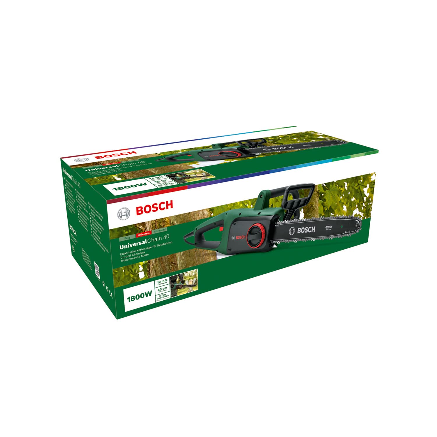 Bosch Kettensäge UniversalChain 40 (1800 W, Gewicht: 4,3 kg, Kettengeschwindigkeit: 12 m/s, mit Kettensägenöl inklusive, im Karton) – Amazon Edition