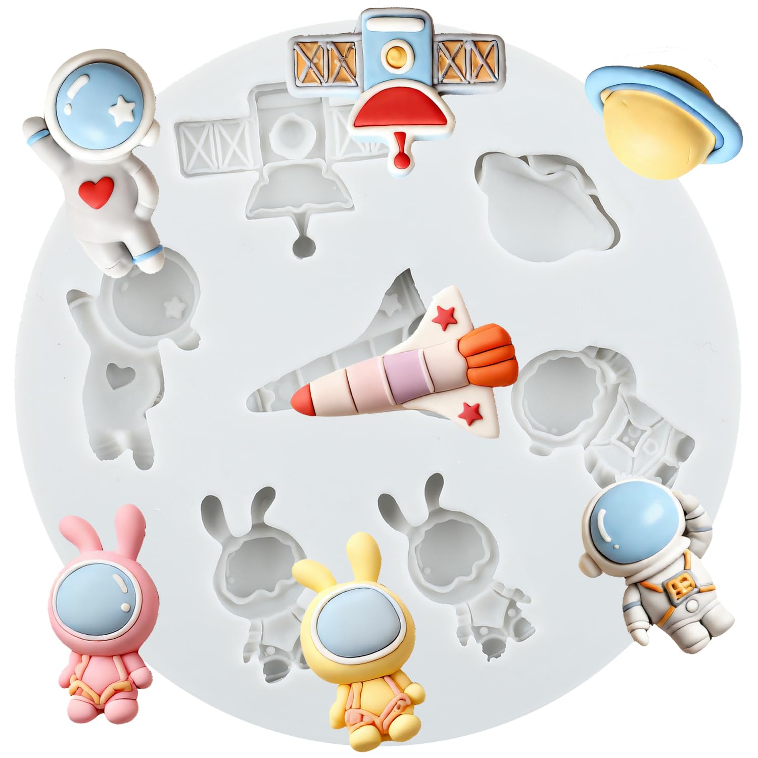 Sijiangmold Astronaut Fondant Moulds Rocket Spaceship Satellite Silicone Mould for Space Theme Cake Decoration Chocolate Cupcake Topper Candy Polymer Clay Gum Paste