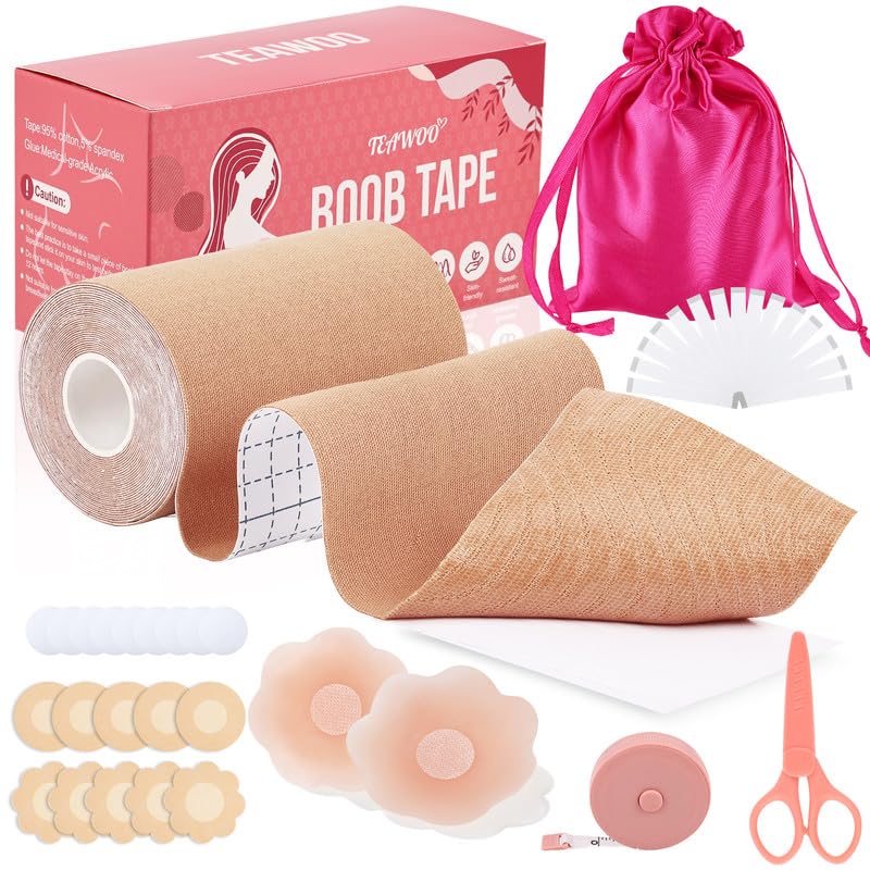 TEAWOO Boob Tape Kit - BoobTape for Breast Lift, Body Tape, 4 PCs Silicone Breast Petals, 20 PCs Satin Nipple Stickers, 36 PCs Double Sided Tape, Boobtape for A-G (Beige, 4 in)