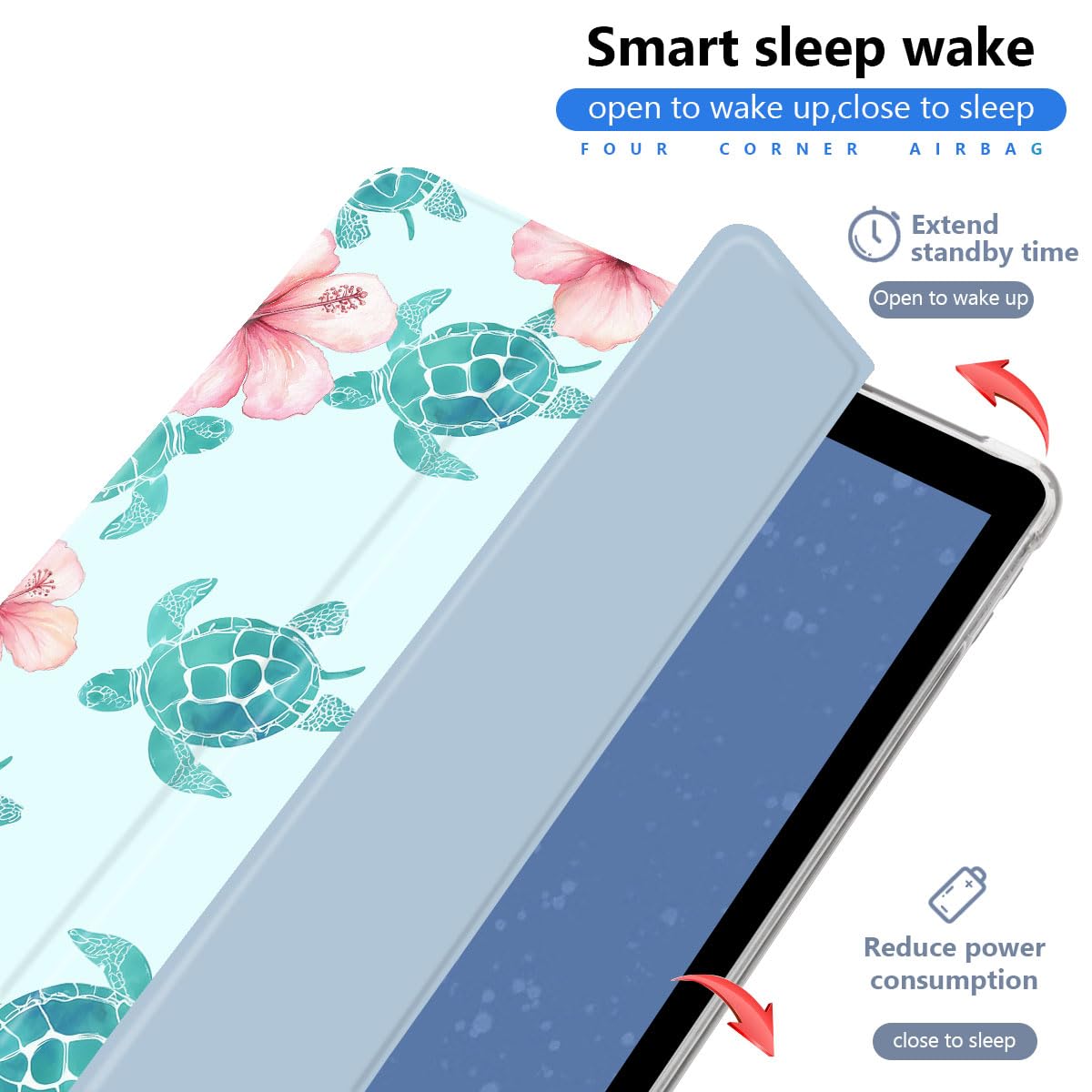 Étui de protection pliable en cuir souple avec porte-crayon pour iPad 10{^>e<^} génération 2022 11"/iPad (A16) 11{^>e<^} génération 2025 11" Motif tortue de mer bleue
