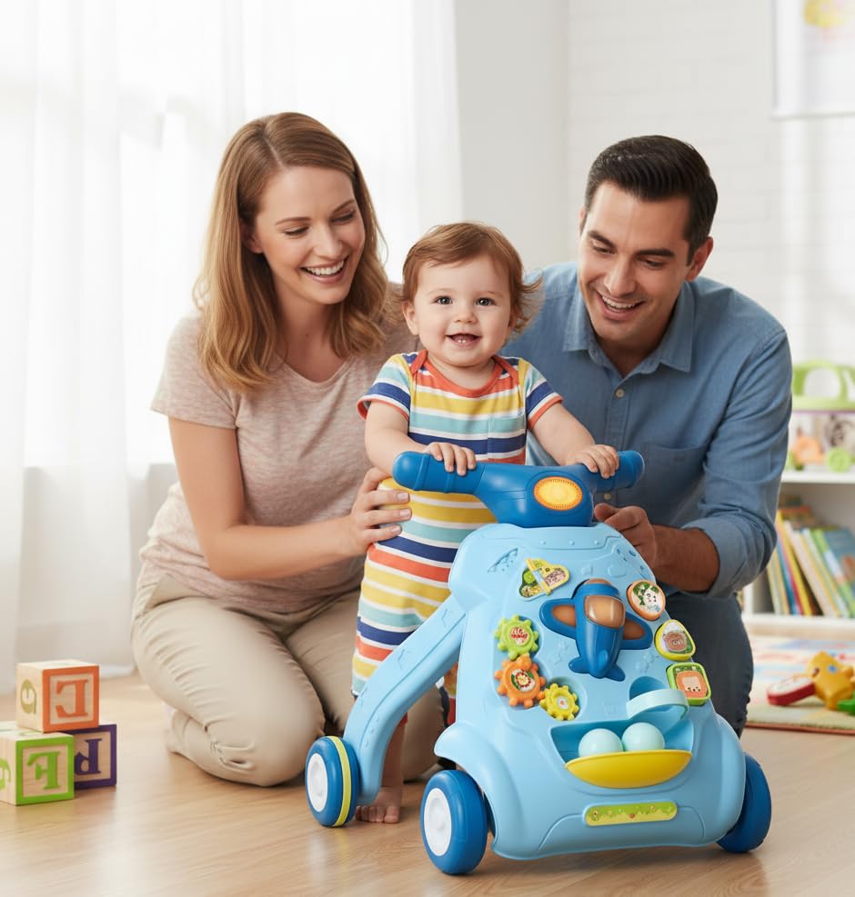 Goyal's Multi-Functional Sit-to-Stand Baby Walker with Music, Lights & Activity Center – Detachable Airplane, Rotating Gears, Shape Sorter, Ball Game, Adjustable Wheel Speed & Sand/Water Fillable Legs for Extra Stability (Blue) 2