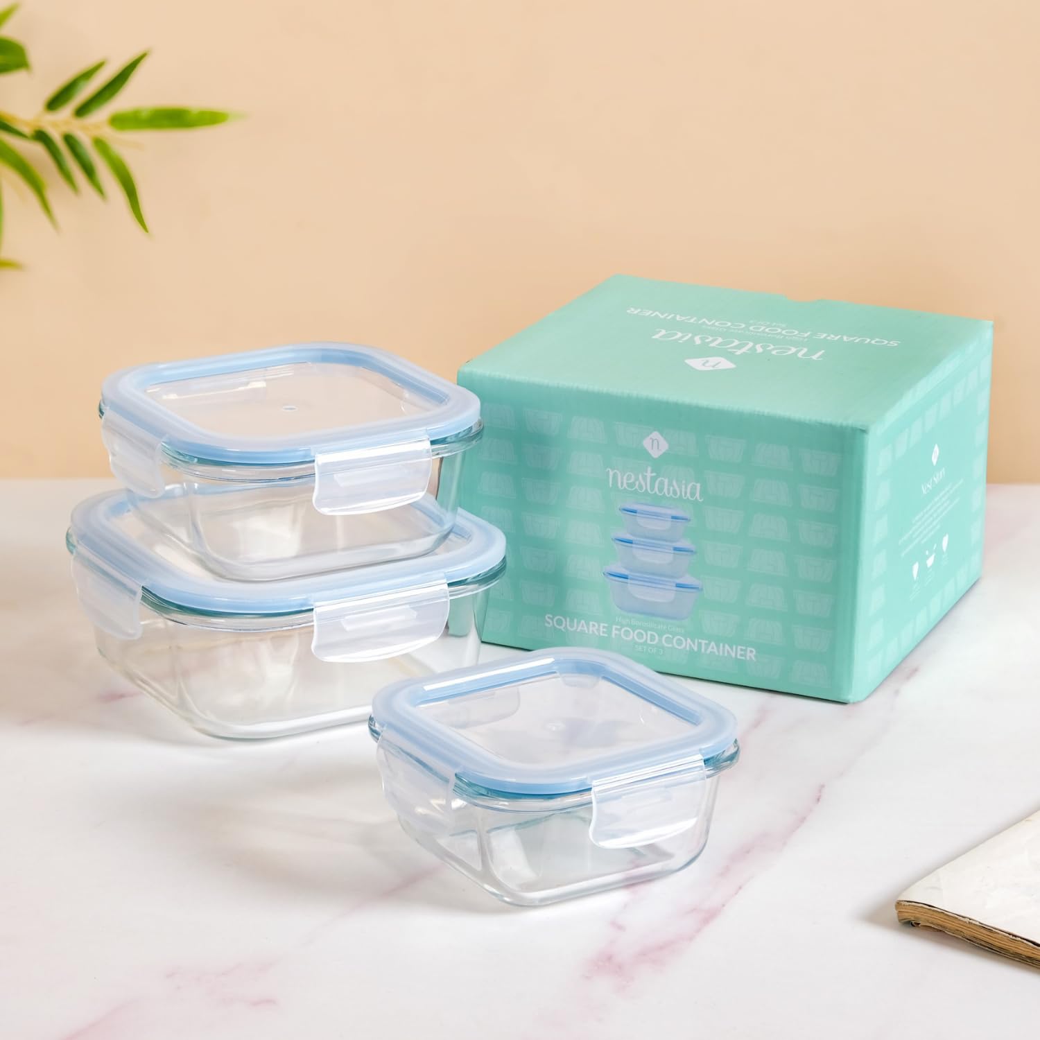 Nestasia Glass Containers for Fridge Storage (Set of 3, S-300ml, M-500ml, L-800ml) - Borosilicate Glass with Airtight Clip Lock Lids, Microwave, Dishwasher, and Refrigerator Safe
