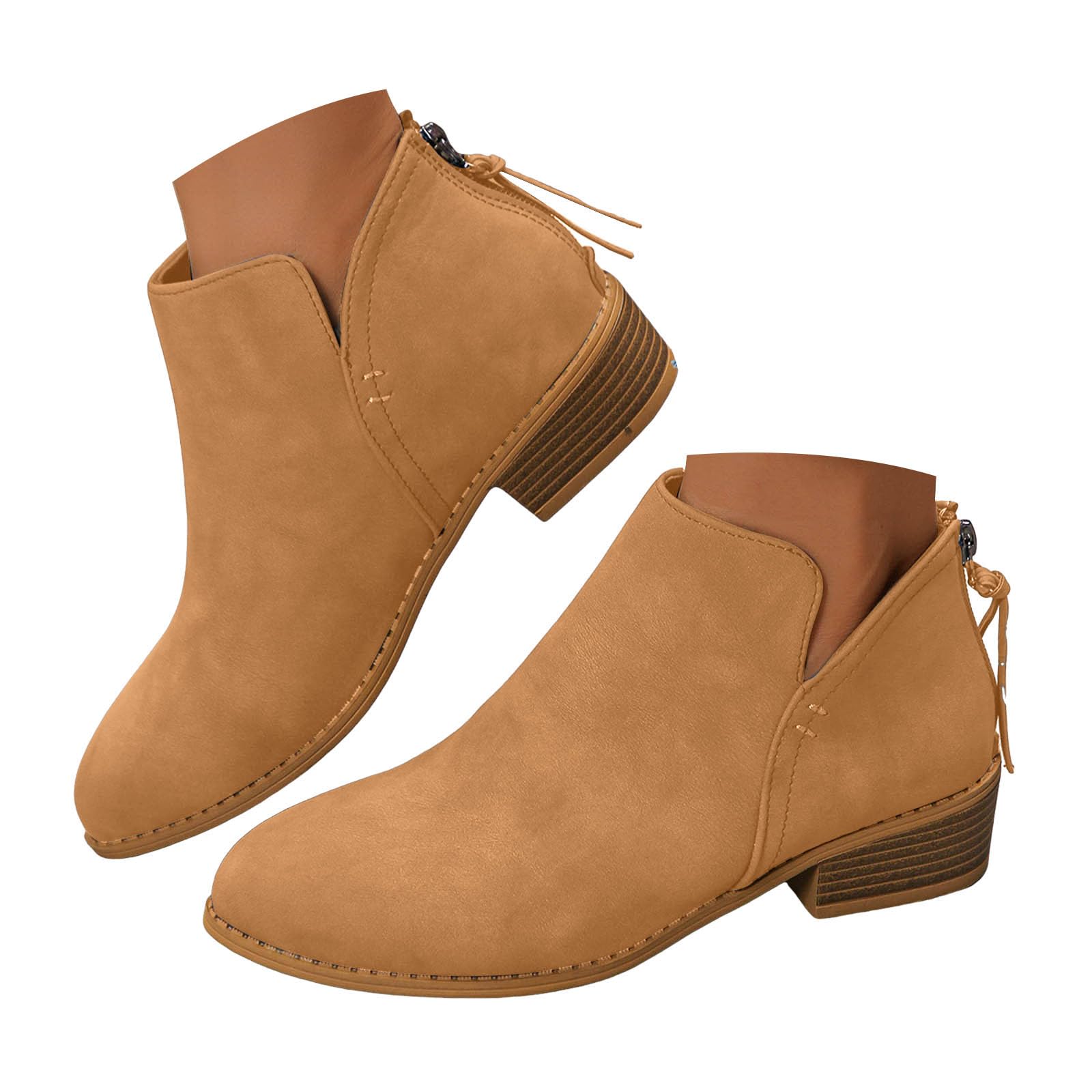 ZSpzx Womens Leather Ankle Boots Chunky Block Low Heel Back Zipper Round Toe V-Cut Soft Sole Solid Color