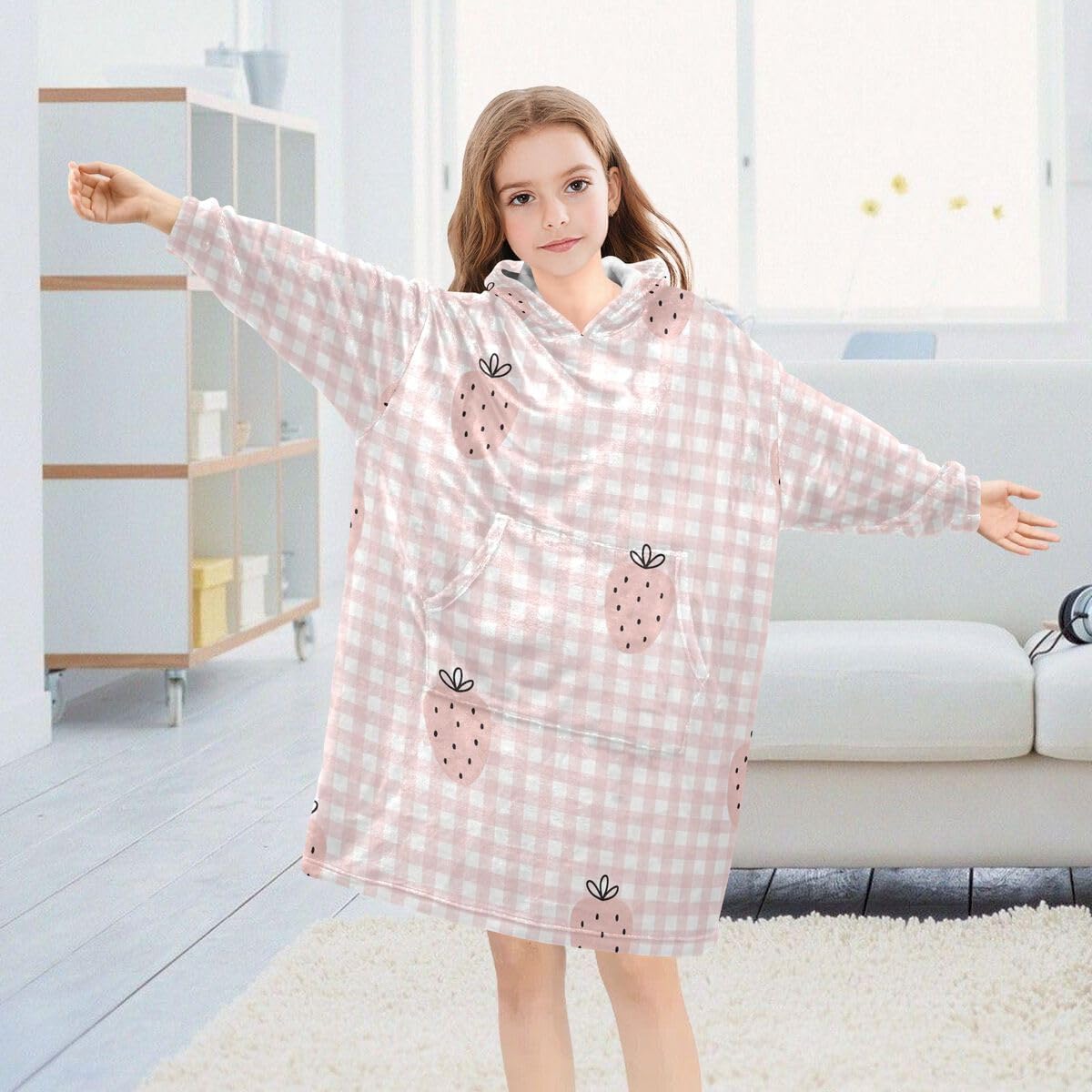 Różowa truskawka dziecięcy koc do noszenia bluza z kapturem oversize bluza koc sweter w kratę dla chłopców i dziewcząt w wieku 3-14 lat