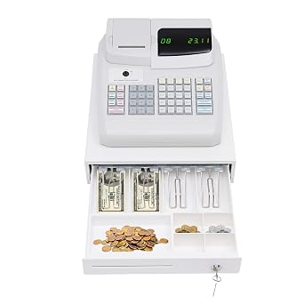 47 Keys Cash Register,Electronic POS System with 4 Bill 5 Coin Cash Tray,6 Digital LED Cash Register,Cash Box with Thermal Print Port,Locks 47 Keys-White