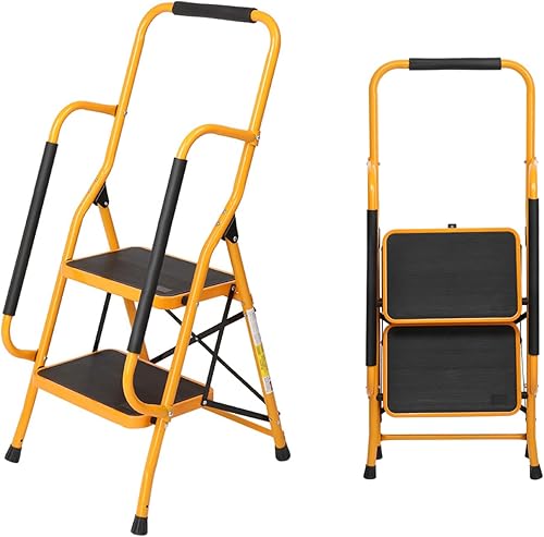 Winado Escalera de 2 escalones con pasamanos, taburete plegable de 500 libras, con reposabrazos laterales antideslizantes, área de pedal grande,