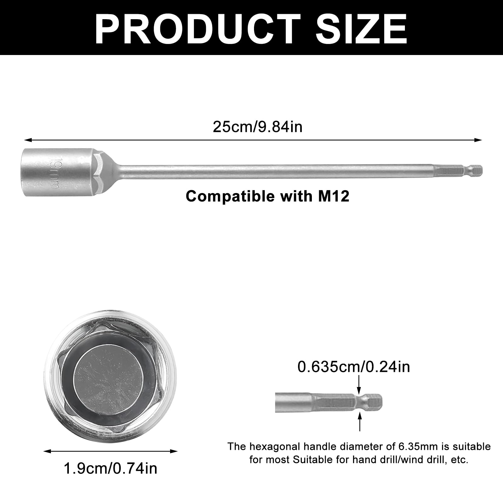 Manovella prolunga 19mm per avvitatore a batteria, 25cm, per martinetti caravan e camper, acciaio cromo vanadio