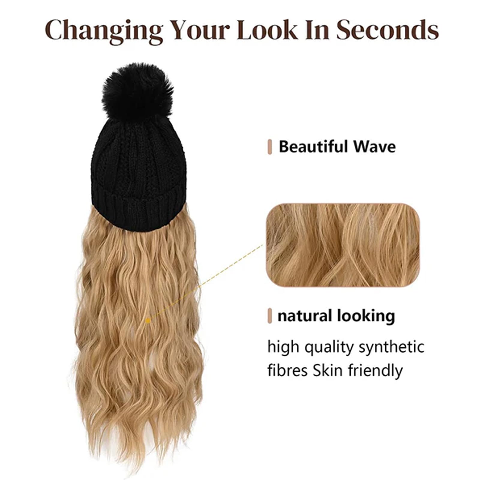 Gorro De Punto con Peluca for Mujer,Gorro De Punto Cálido De Invierno,Gorro De Invierno for Mujer con Peluca Extensiones De Cabello Rizado Ondulado Grande Gorro De Nieve De Esquí De Punto Adjunto Fies