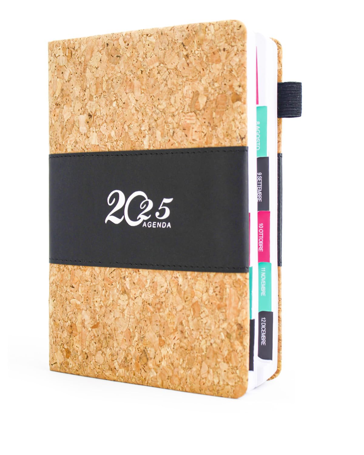HW CASA Agenda 2025 Giornaliera Taccuino,Formato A5,200 Pagine,Copertina in rilievo con venature del legno,portapenne con cinturino elastico,design a pagina singola ed etichette mensili colorate,Nero