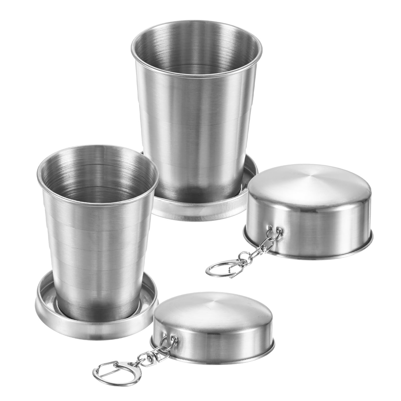 M METERXITY 2 Pack Stainless Steel Collapsible Travel Cup, 2.4/5oz Reusable Collapsible Metal Cup Portable Foldable Water Bottle with Lid and Keychain for Travel/Camping/Hiking