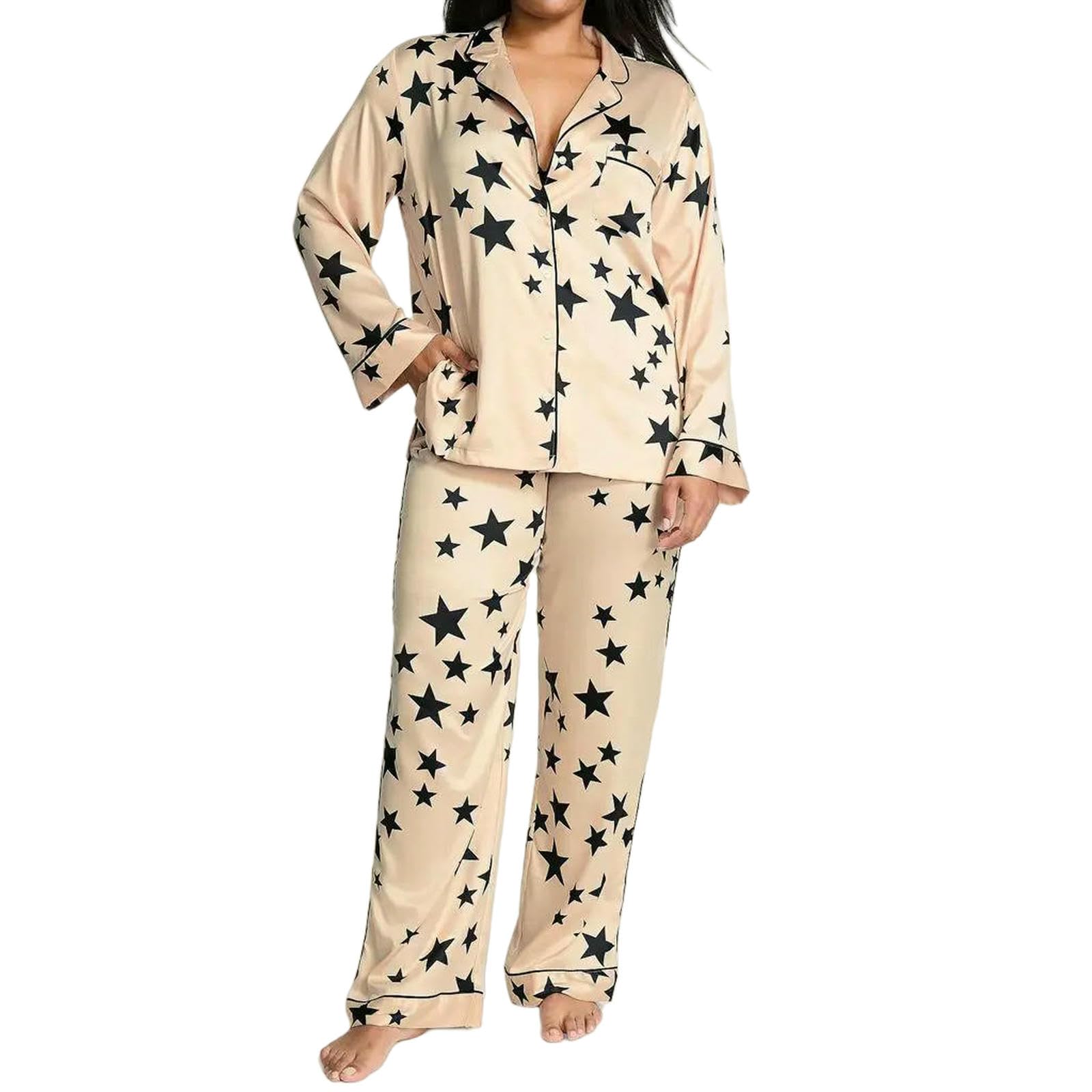 Pigiama in Raso da Donna 2 Pezzi Set A Maniche Lunghe con Risvolto al Collo Camicia Stampa Fiocco Stella Top + Pantaloni Vita Elastica Sleepwear-6-l