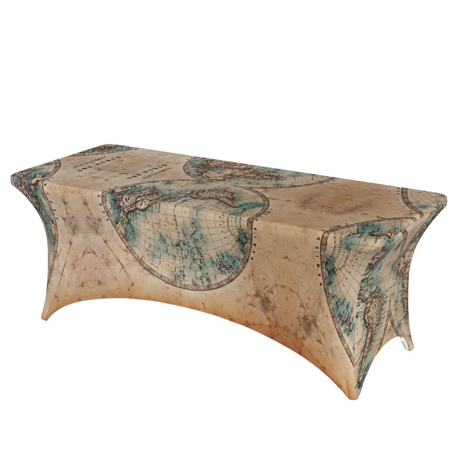 Nappe élasthanne carte du monde vintage 180cm pour table de buffet