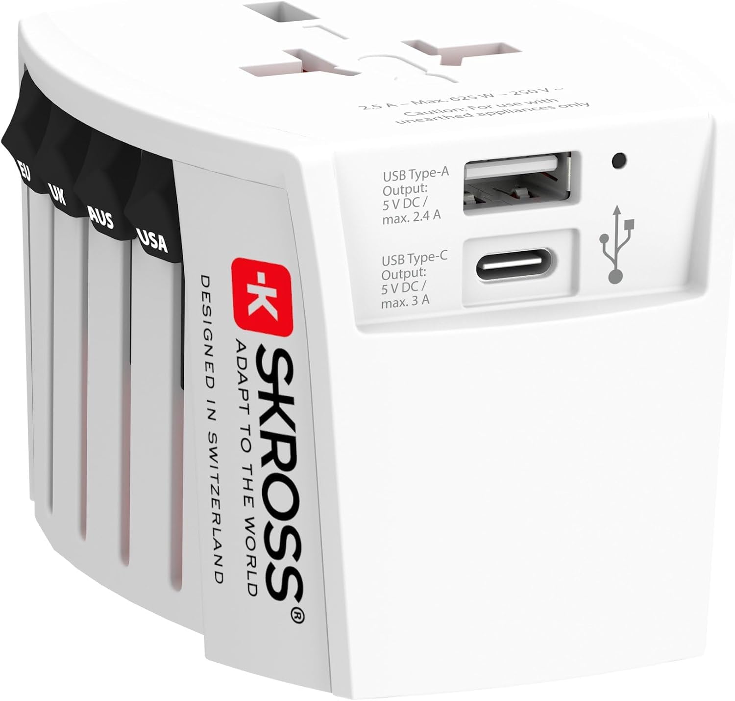 SKROSS Universal Travel Plug with USB and USB C, 1.302962, White