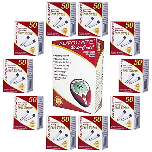 Advocate Redi-Code+ Test Strips Package - 10 Boxes (500ct) with Non-Speaking Blood Glucose Meter