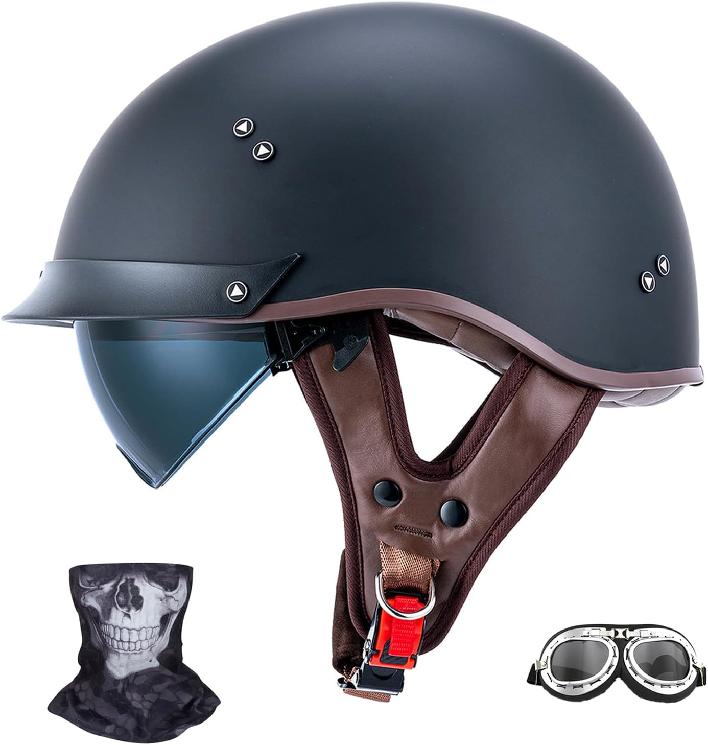 Retro Motorcycle Helmets for Men Women Open Face Helmets Sun Visor Quick Release Buckle MM107 DOT Approved Half Face Crusier Helmet (Matte Black