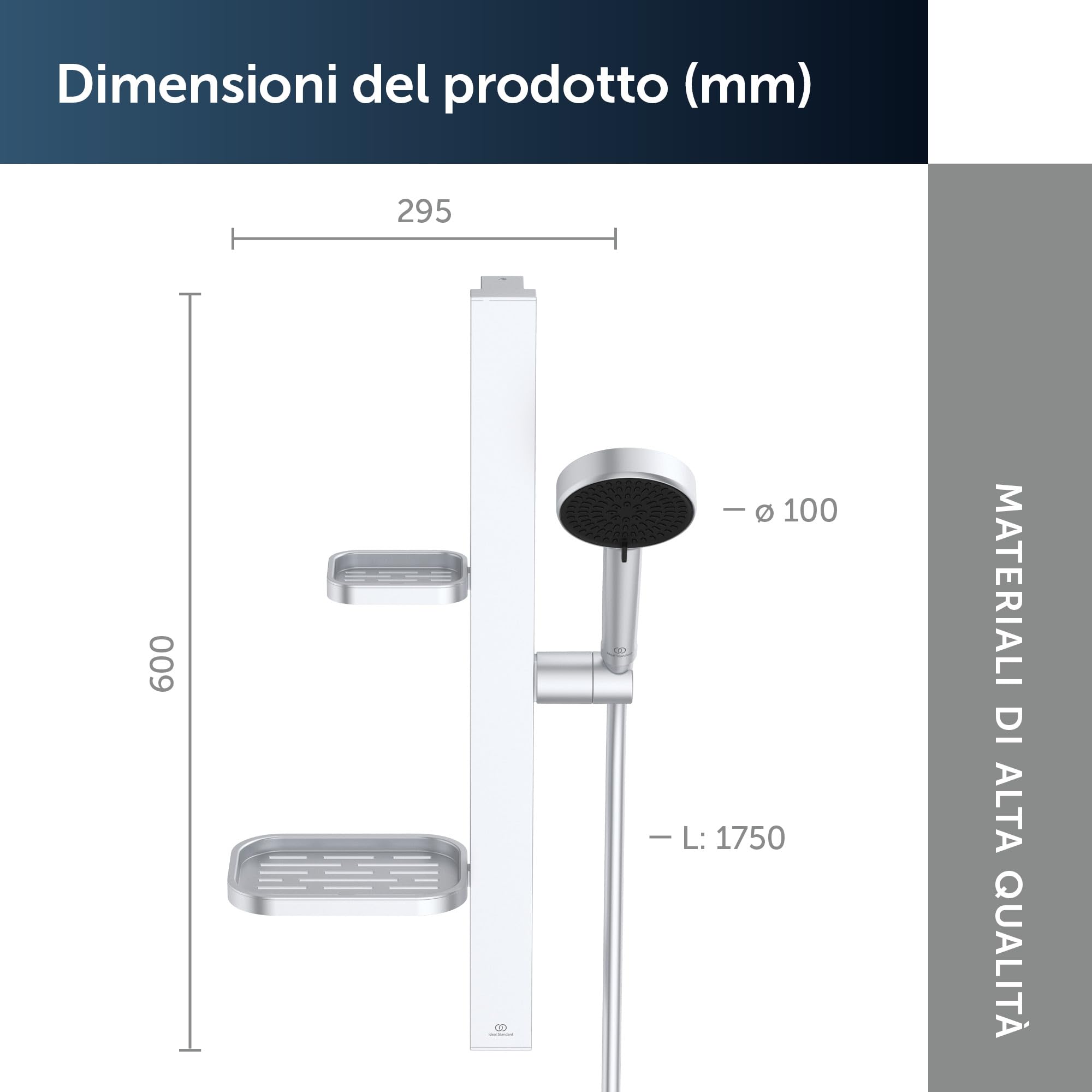 Ideal Standard Idealrain Alu+ Asta doccia, Soffione doccia a risparmio idrico con due tipi di getto (SilkRain e Rain) e ripiani regolabili – Argento (349x157x600 mm)