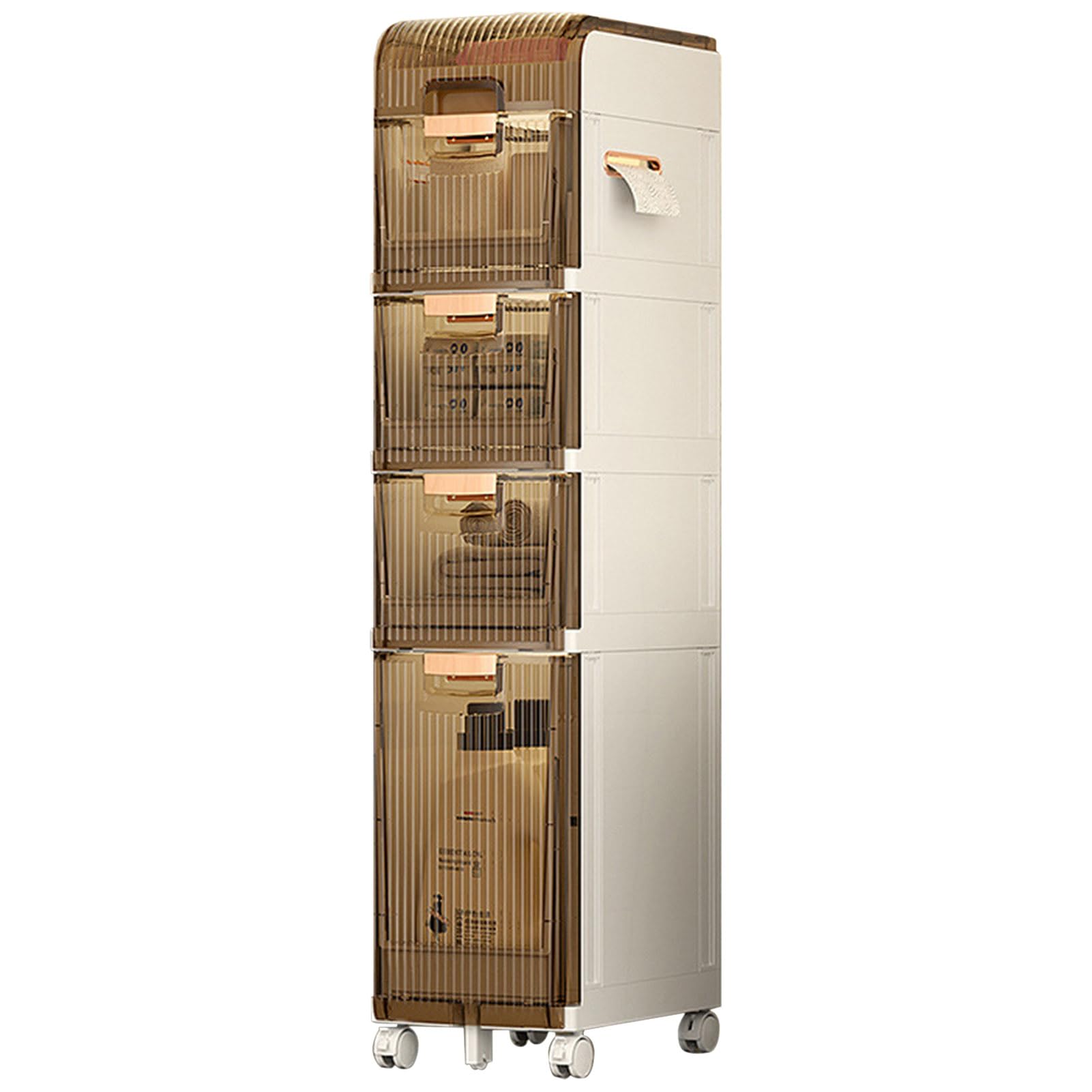 Natliedop Plastic Storage Drawers, Narrow Storage Trolley on Wheels, Large Capacity Drawer Storage Unit Tower for Bathroom Kitchen, Space-Saving, White +Brown