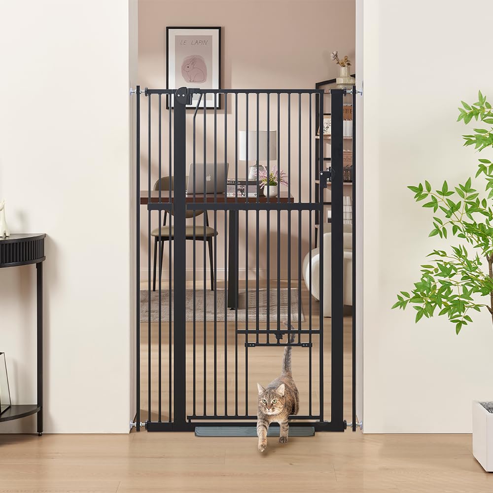 Unipaws - Barrera de seguridad extra alta (142 cm, para perros y gatos, ancho 79-95 cm, fijación por presión sin taladro, para escalera o puerta, cierre automático, color negro