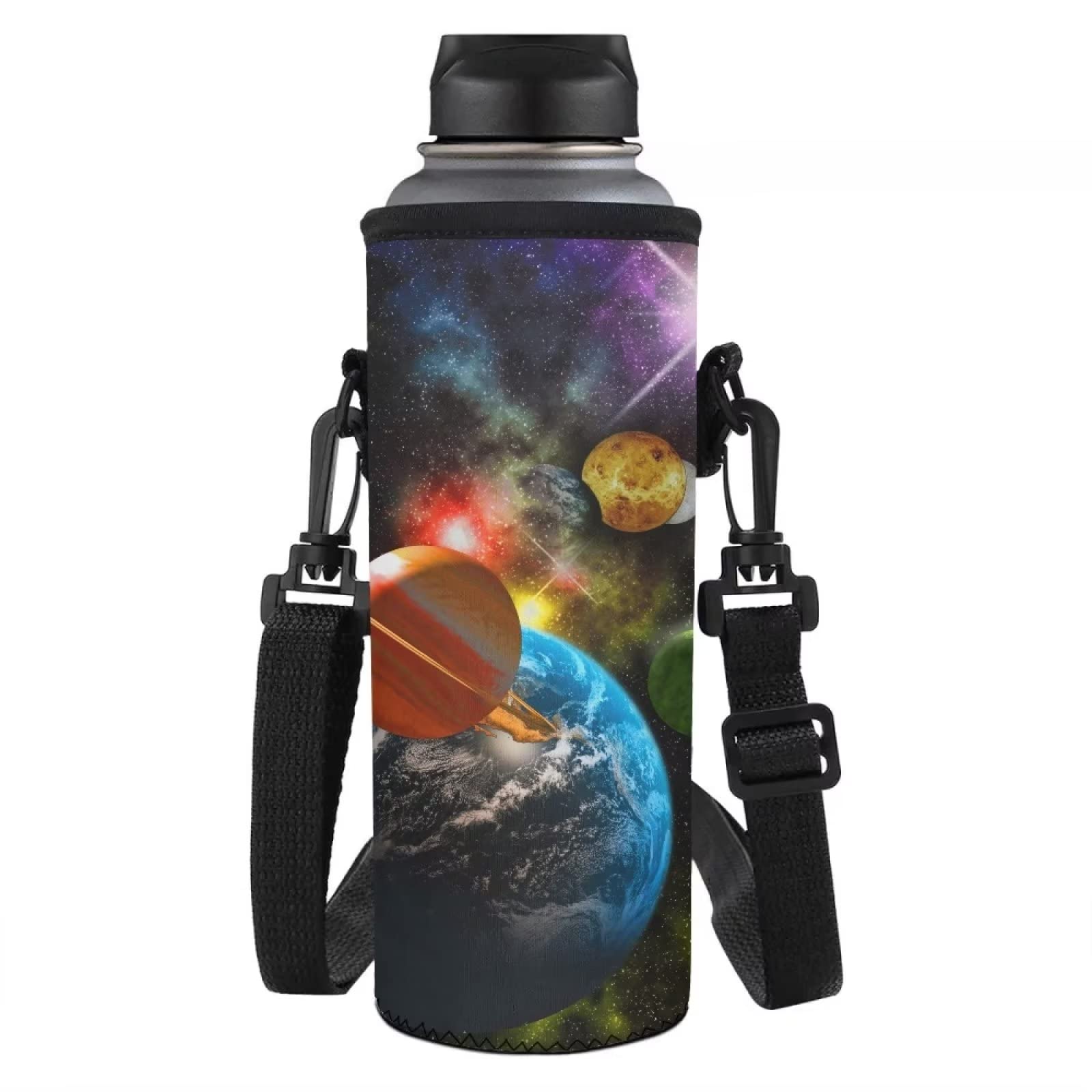 NETILGEN Protable Water Bottle Sleeve Neoprene Sports Camping Cycling Crossbody Bottles Bag Washable Case Water Bottle Carrier for Girls Boys Adults 1000ML/34oz, Galaxy Planet — image 1