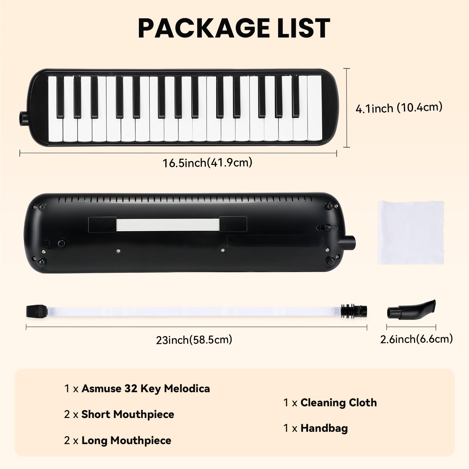 Asmuse Melodica 32 Tasti Tastiera Stile Pianoforte Imposta Strumento Fisarmonica Organo con 4 Bocchini (2 Estendi + 2 corti) e Panno di Pulizia,Regalo di Epifania