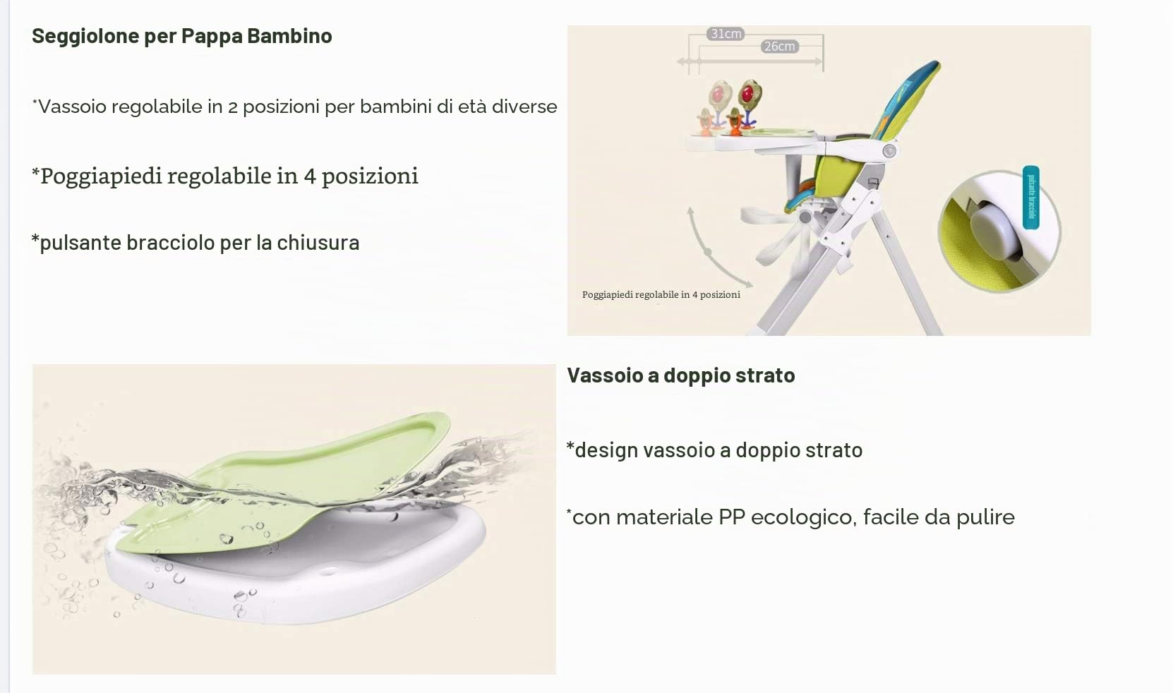 Star Ibaby - Pretty, Seggiolone con giocattoli, doppio vassoio, poggiapiedi regolabile