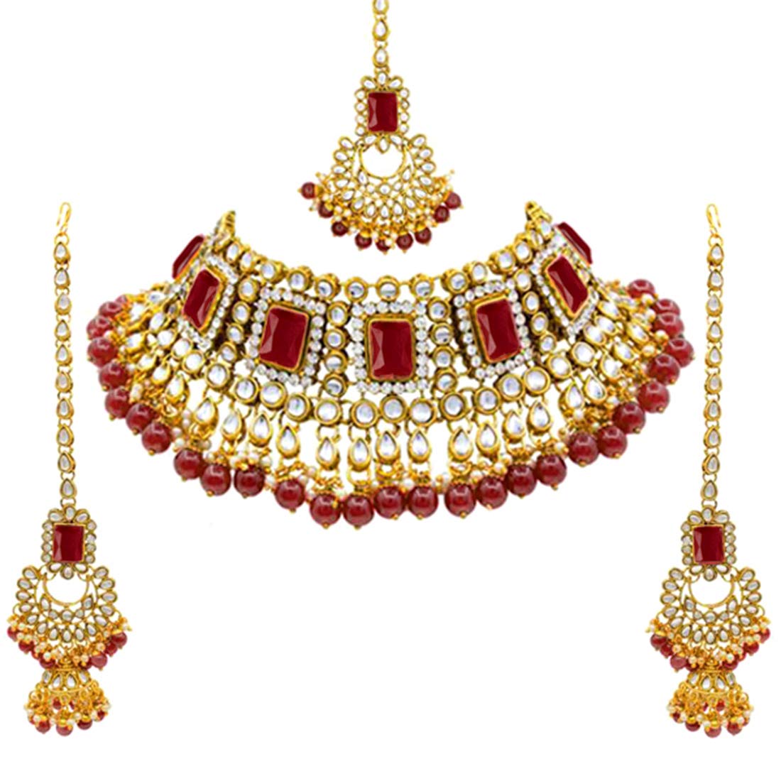 Rani Padmavati Dulhan Bridal Kundan Pearl Adjustable Choker Necklace with Earrings Maang Tikka for Women Girls Indian Traditional Jewellery Set-image-20