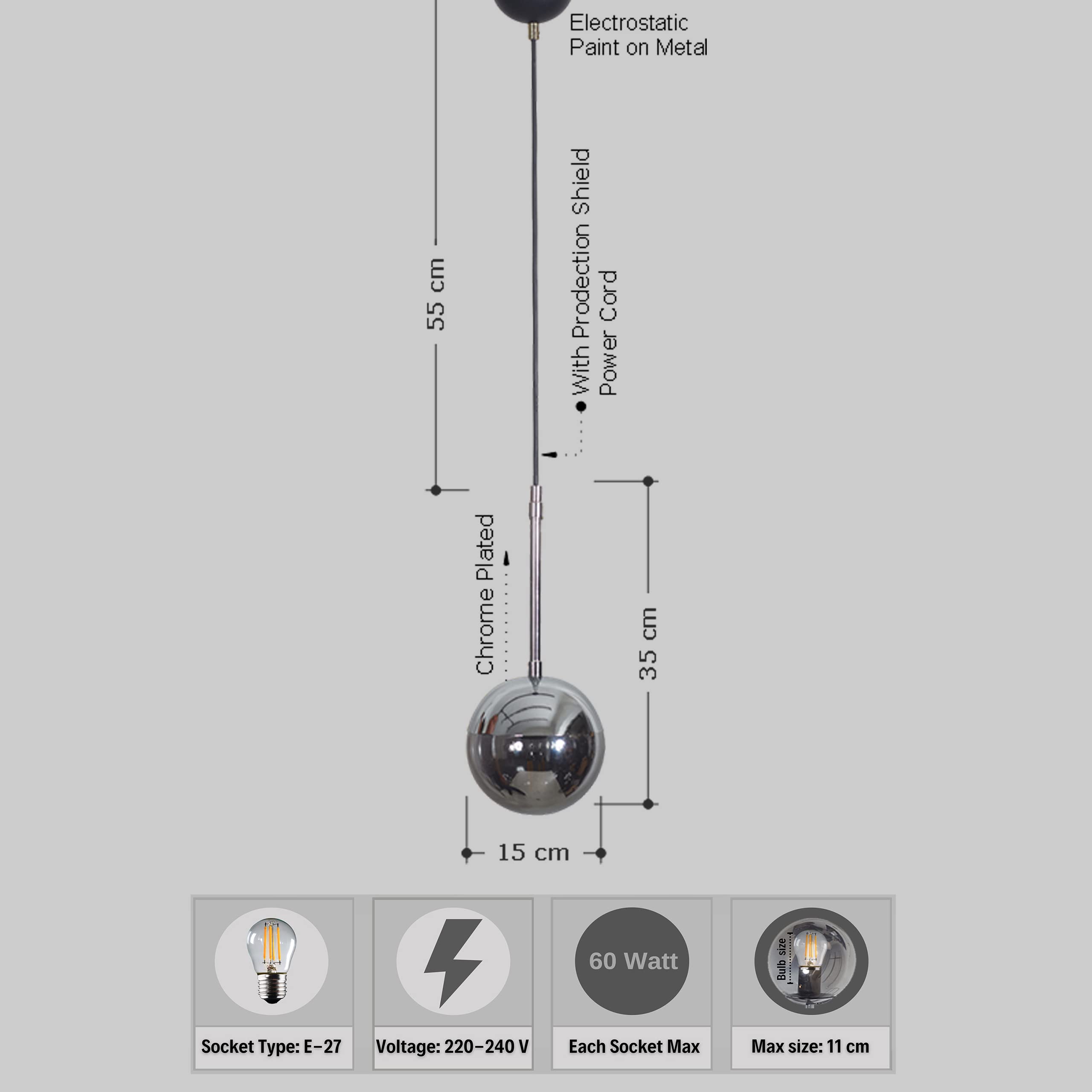 Nova Pendelleuchte Esstisch Glaskugel Wohnzimmerlampe Kugellampe E27 Fassung (Chrome 1)