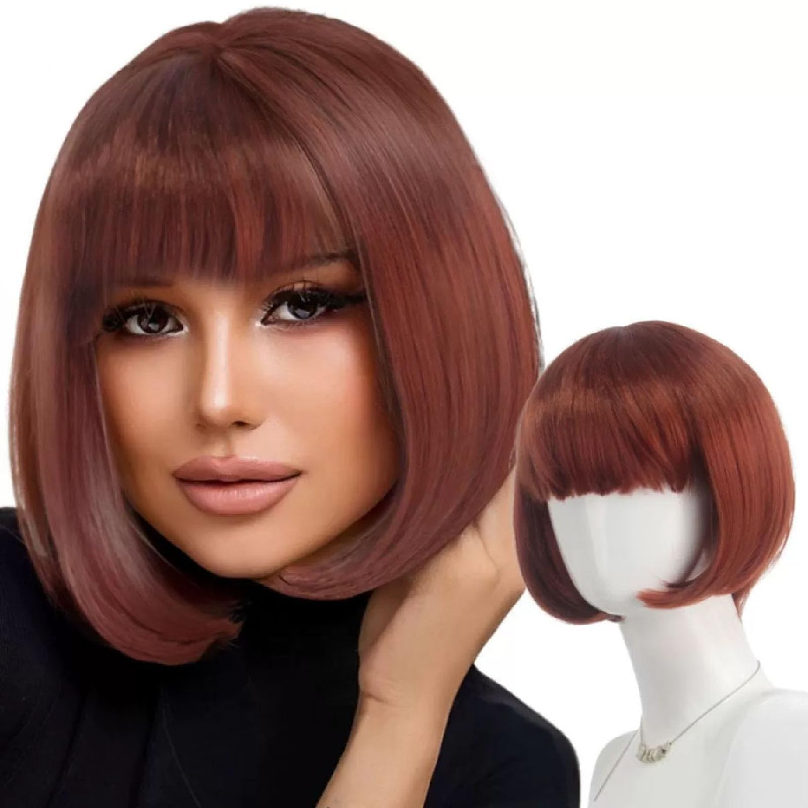 Short Brown Wigs,Brown Wig with Bangs Fashion Short Straight Flat Bang Wigs for Girls Straight Bangs Wig for Women for Daily Use
