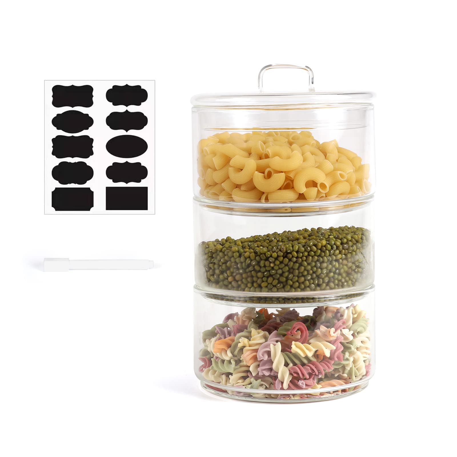 CUTIECLUB Large Glass Storage Jars with Lid, Stackable Glass Kitchen Canister Thicken Glass Food Container with Labels and Pen Cereal Dispenser Jars for Tea, Coffee, Candy (3 stack)