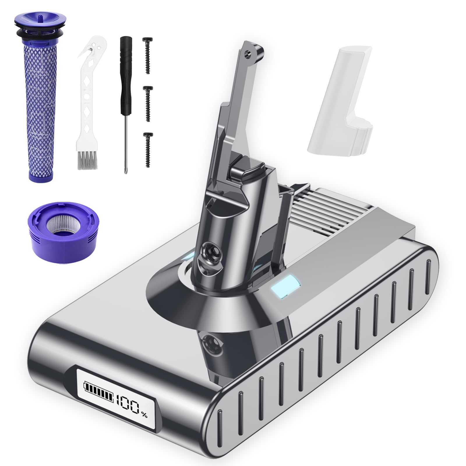 Replacement Battery for Dyson V8 with LCD Display- Eliemppin Battery for V8 SV10 Compatible with V8Animal V8Absolute V8Fluffy Vacuum Cleaner with 2 Filters + Cleaning Brush + Screwdriver