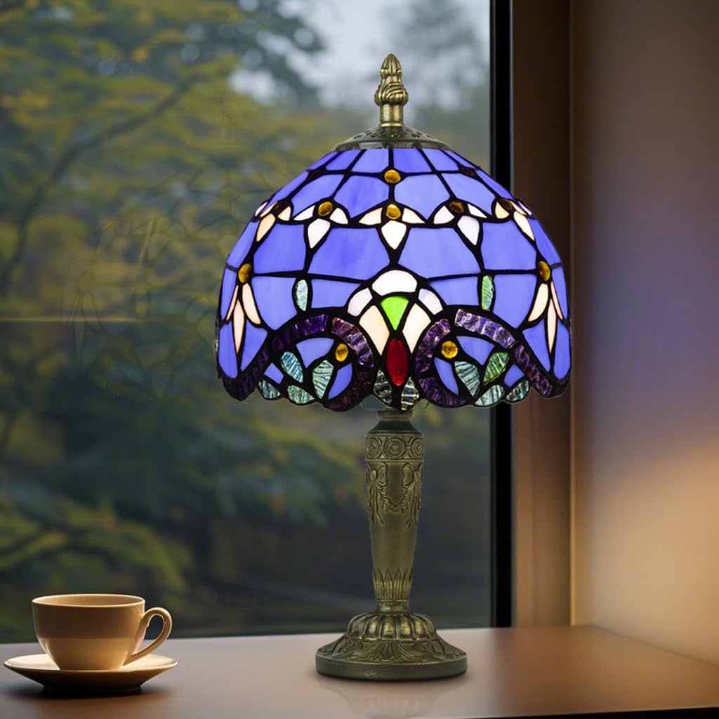Crefotu Small Tiffany Style Table Lamp, 3 Color Temperatures Bedside Lamp, 8 Inch Stained Glass Desk Light for Home Office Bedroom Living Room (Blue Baroque)